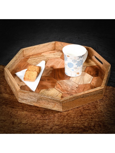 Décor & Style - DST4 -  Serving Tray - Hexagon shaped in Mango wood with Wood inlay
