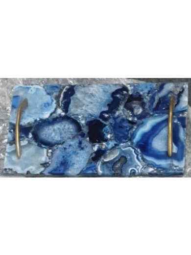 Décor & Style - DST11 -  Servig Tray - Blue Agate with Brass Finish Handles