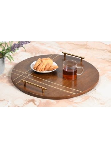 Décor & Style - DST3 -  Serving Tray - Round Brass-inlay in Mango Wood with Brass Handles