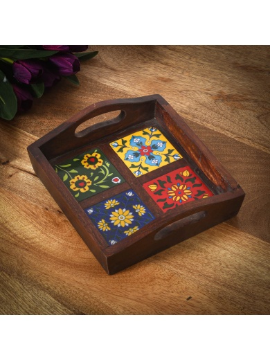 Décor & Style - DST8 -  Serving Tray - Square Wooden with Tile inlay in walnut finish