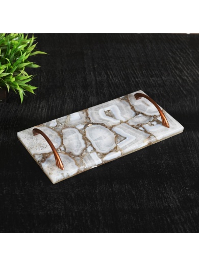 Décor & Style - DST10 -  Serving Tray - White Agate with Copper Finish Handles