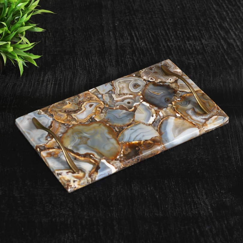 Décor & Style - DST9 -  Serving Tray - Golden Brown Agate wih Brass Finish Handles