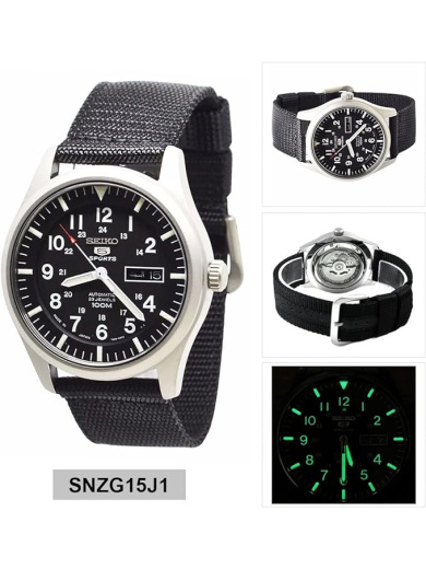 SEIKO 5 SNZG15J1 SPORTS Automatic English and Arabic Day/Date Black Dial Nylon Strap Watch - Image 2